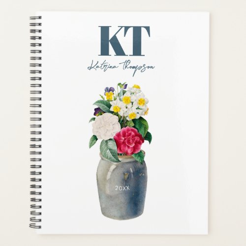 Dusty Blue Watercolor Floral Vintage Vase Monogram Planner