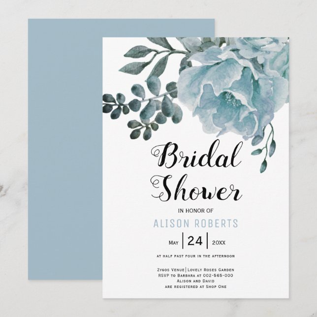Dusty blue watercolor floral wedding bridal shower invitation (Front/Back)