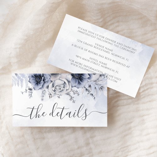 Dusty Blue Watercolor Floral Wedding Details Enclosure Card