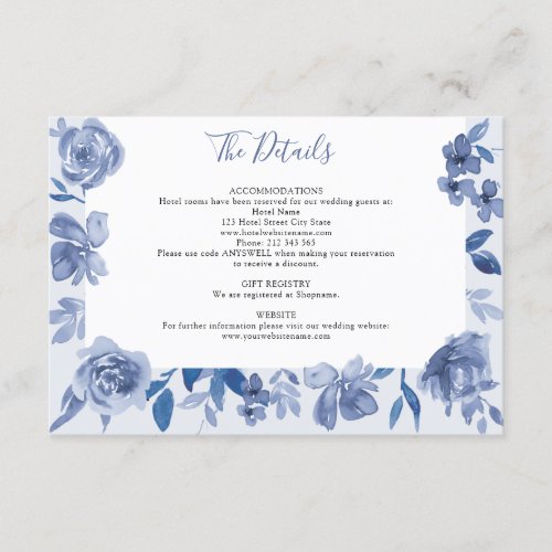 Dusty Blue Watercolor Floral Wedding Details Enclosure Card