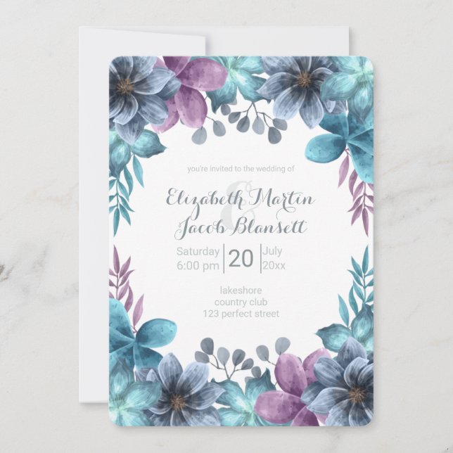 Dusty Blue Watercolor Floral Wedding Invitation (Front)