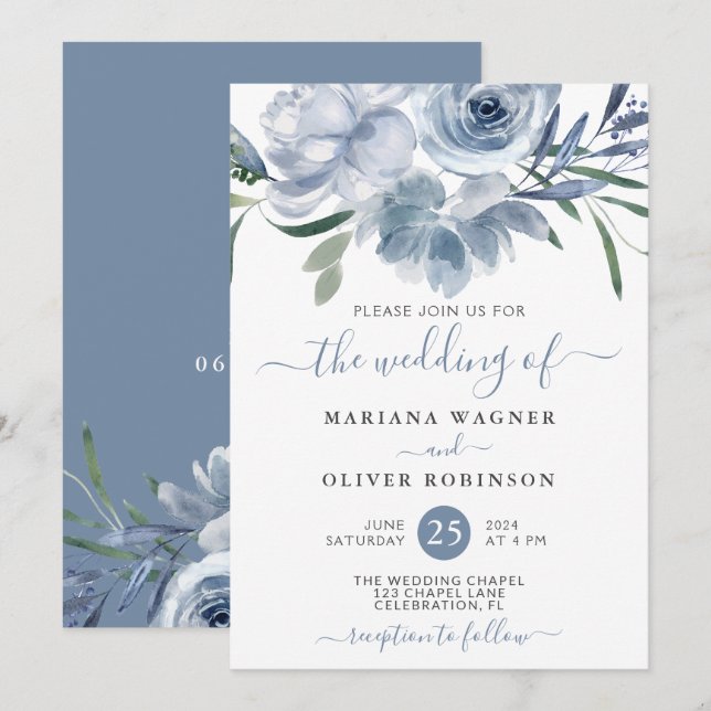 Dusty Blue Watercolor Floral Wedding Invitation (Front/Back)