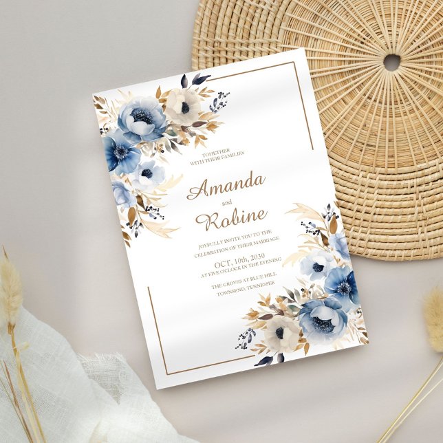 Dusty Blue Watercolor Floral Wedding Invitation (Creator Uploaded)