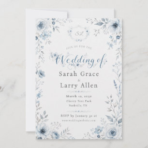 Dusty Blue Watercolor Floral Wedding Invitation 