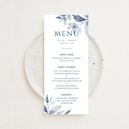 Dusty Blue Watercolor Floral Wedding Menu