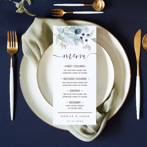 Dusty Blue Watercolor Floral Wedding Menu