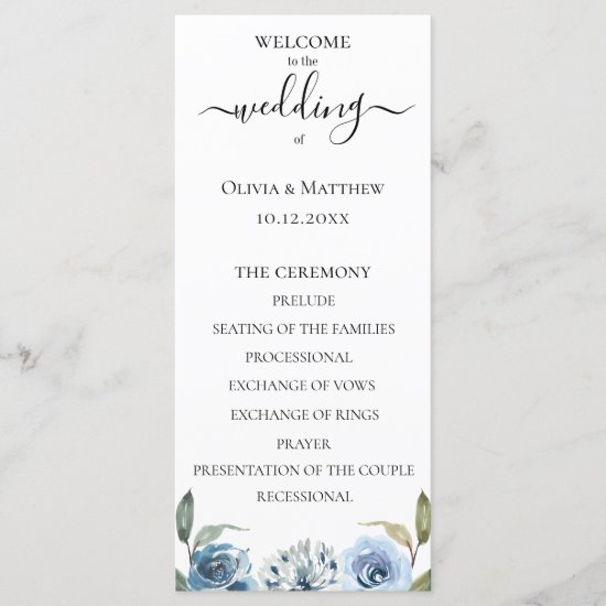 Dusty Blue Watercolor Floral Wedding Program