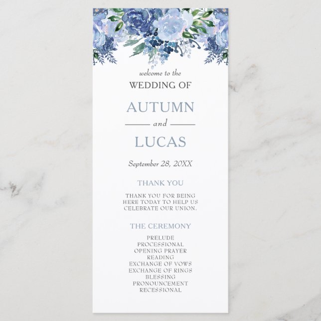 Dusty Blue Watercolor Floral Wedding Program (Front)