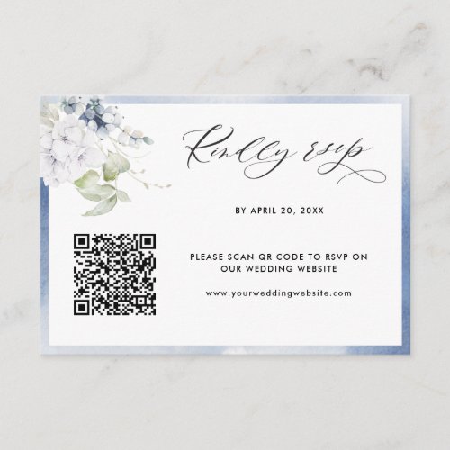 Dusty Blue Watercolor Floral Wedding QR Code RSVP Enclosure Card