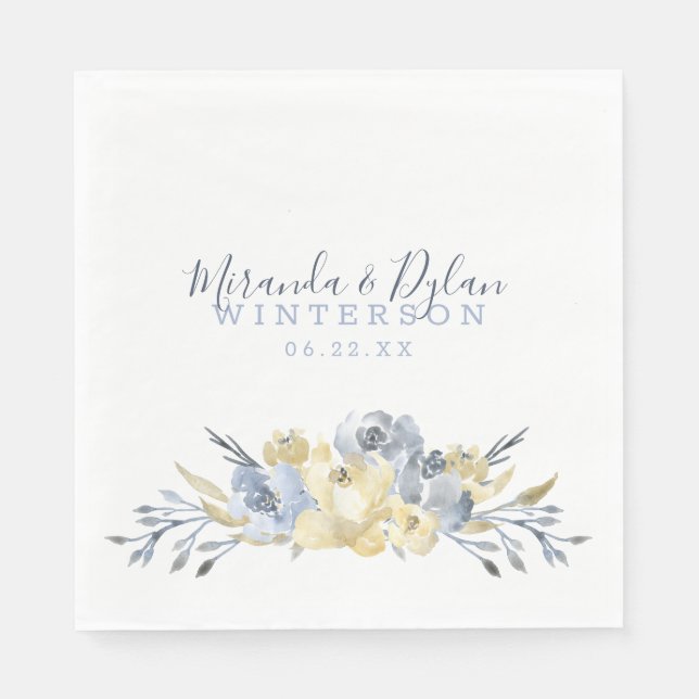Dusty blue watercolor floral wedding reception napkins (Front)