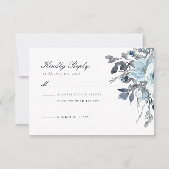 Dusty Blue Watercolor Floral Wedding RSVP Card (Front)