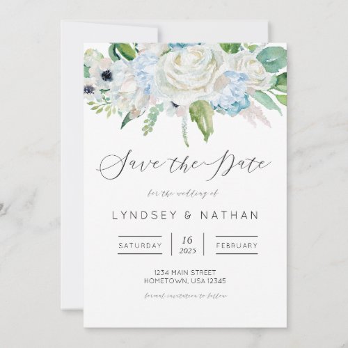 Dusty Blue Watercolor Floral Wedding Save the Date Invitation