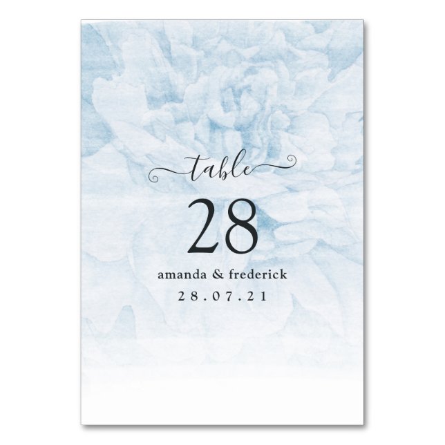 Dusty Blue Watercolor floral Wedding Table Number (Front)