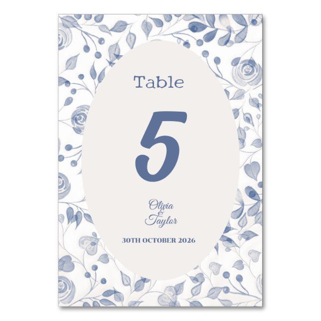 Dusty Blue Watercolor Floral Wedding Table Number (Front)