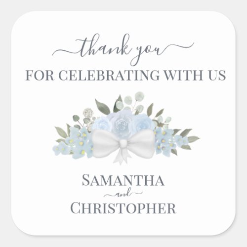 Dusty Blue Watercolor Floral Wedding Thank You Square Sticker