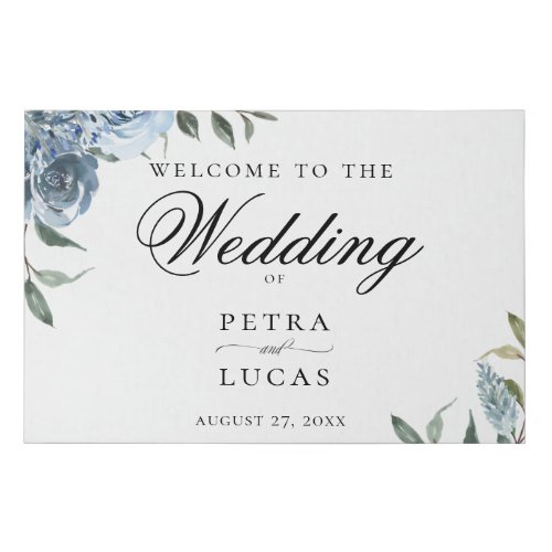 Dusty Blue Watercolor Floral Wedding Welcome Faux Canvas Print