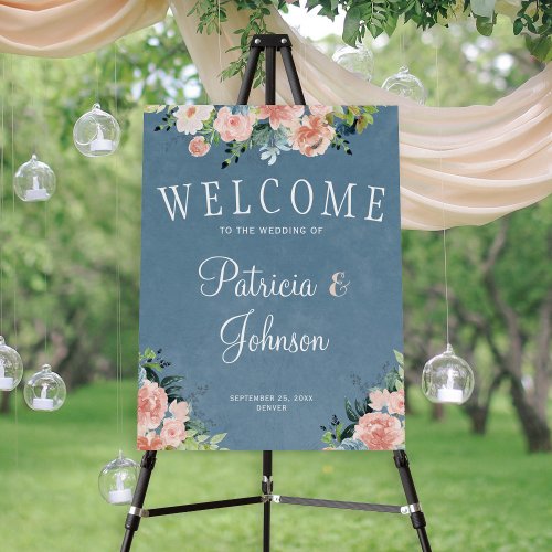Dusty blue watercolor floral wedding welcome sign