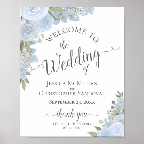 Dusty Blue Watercolor Floral Wedding Welcome Sign