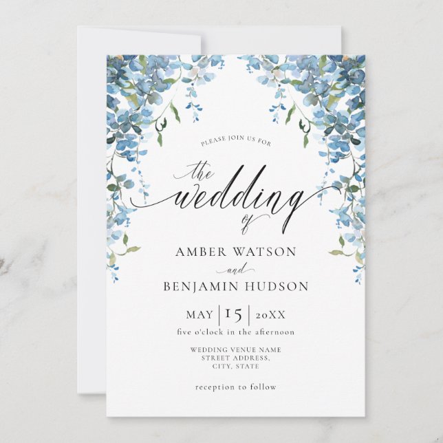 Dusty Blue Watercolor Floral Wisteria Wedding  Inv Invitation (Front)