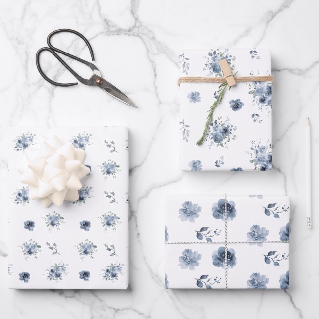 Dusty Blue Watercolor Floral Wrapping Paper Sheets (Front)