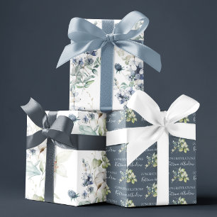 Dusty Blue Watercolor Floral Wrapping Paper Sheets