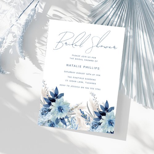 Dusty Blue Watercolor Florals Bridal Shower Invitation