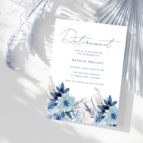 Dusty Blue Watercolor Florals Retirement Party Invitation