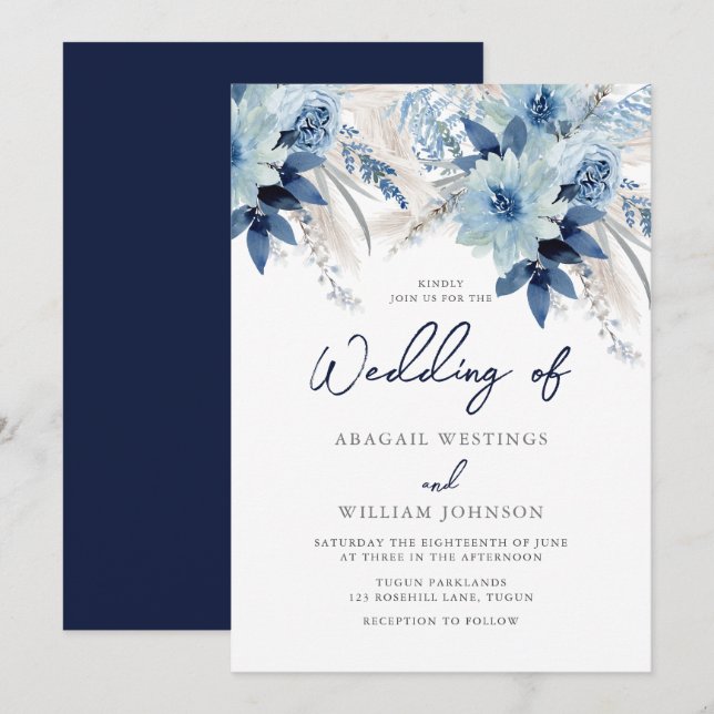 Dusty Blue Watercolor Florals with Navy Wedding Invitation (Front/Back)