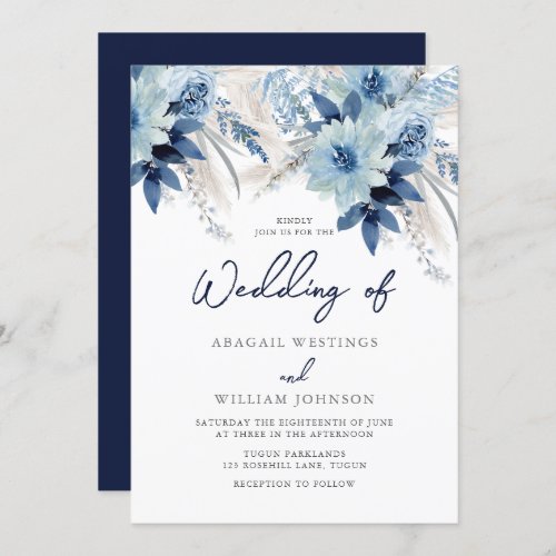 Dusty Blue Watercolor Florals with Navy Wedding Invitation