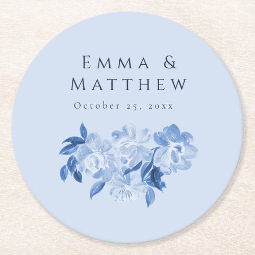 Dusty Blue Watercolor Flower Peonies Bouquet Round Paper Coaster