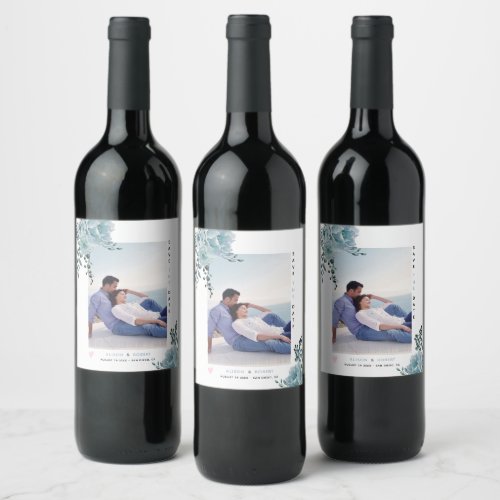 Dusty blue watercolor flowers and photo wine label