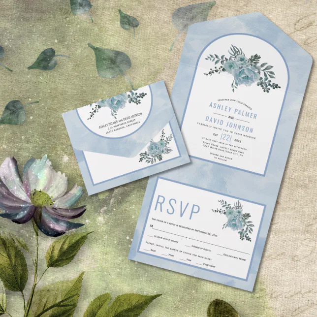 Dusty blue watercolor flowers arch floral wedding all in one invitation ...
