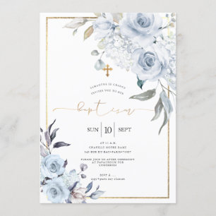 Dusty Blue Watercolor Flowers Baptism Invitation