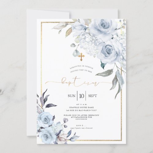 Dusty Blue Watercolor Flowers Baptism Invitation