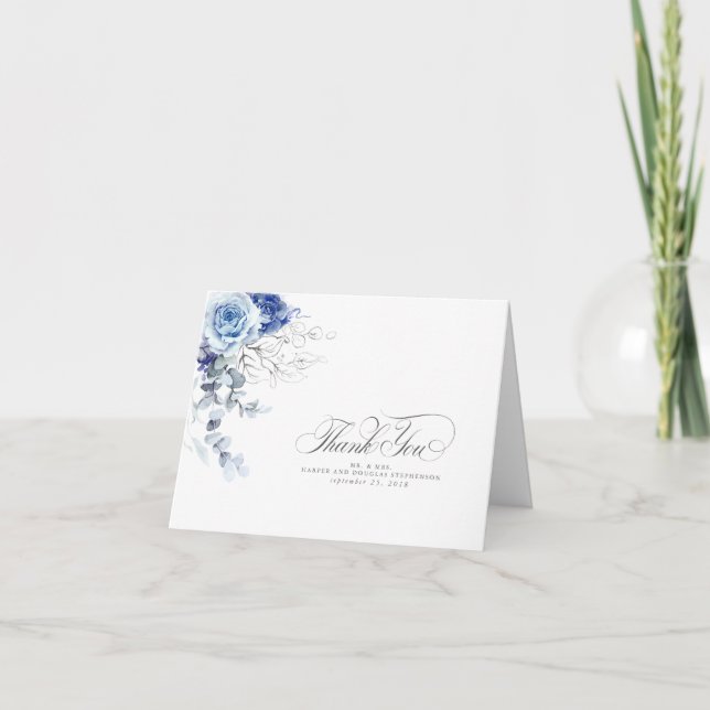 Dusty Blue Watercolor Flowers Boho Thank You (Front)