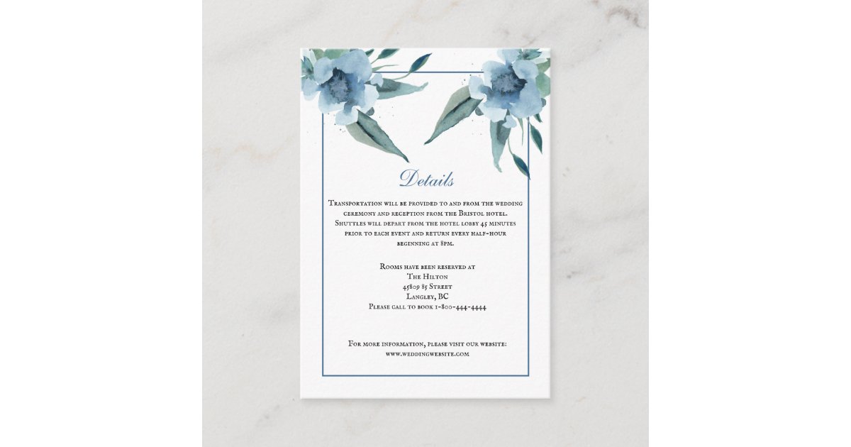 dusty blue watercolor flowers details wedding card