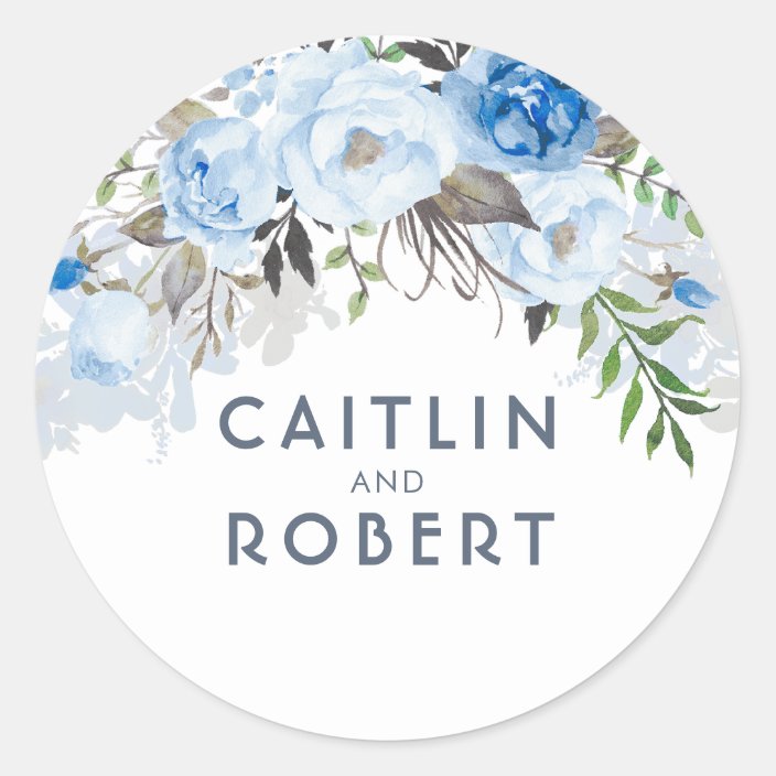 Dusty Blue Watercolor Flowers Elegant Classic Round Sticker Zazzle Com