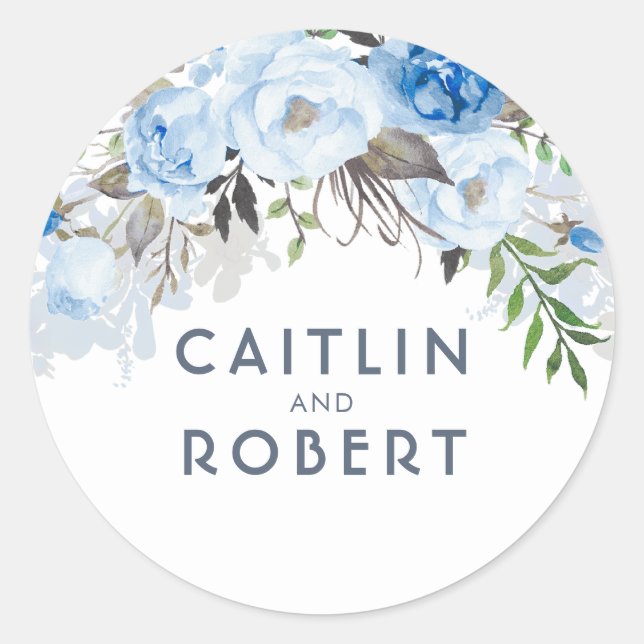 Dusty Blue Watercolor Flowers Elegant Classic Round Sticker (Front)