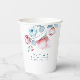 Dusty Blue Watercolor Flowers Elegant Party Shower Paper Cups