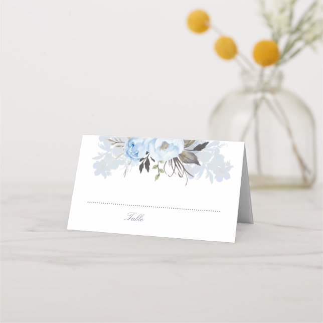 Dusty Blue Watercolor Flowers Elegant Romantic Place Card (Front)