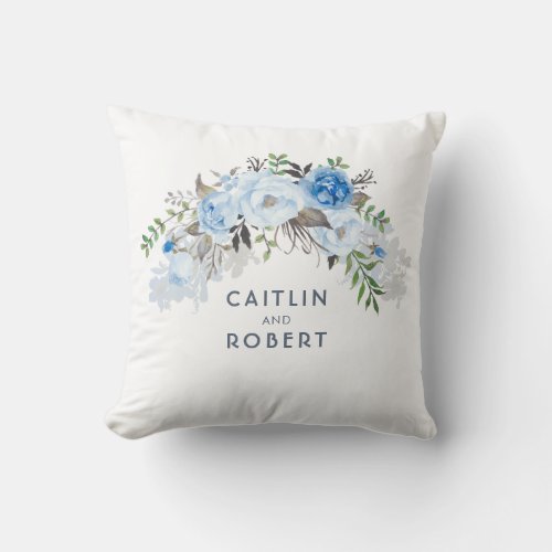 Dusty Blue Watercolor Flowers Elegant Romantic Throw Pillow