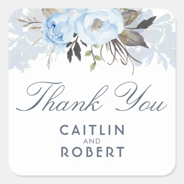 Dusty Blue Watercolor Flowers Elegant Thank You Square Sticker | Zazzle