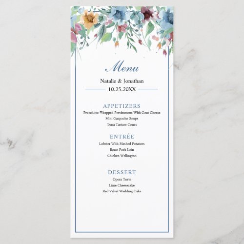 dusty blue watercolor flowers elegant wedding menu