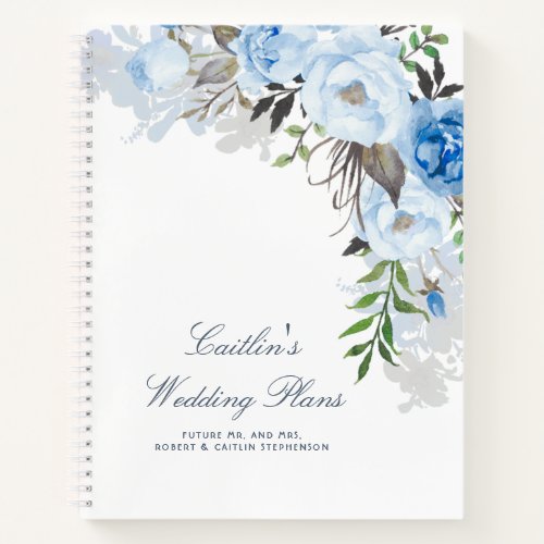 Dusty Blue Watercolor Flowers Elegant Wedding Plan Notebook