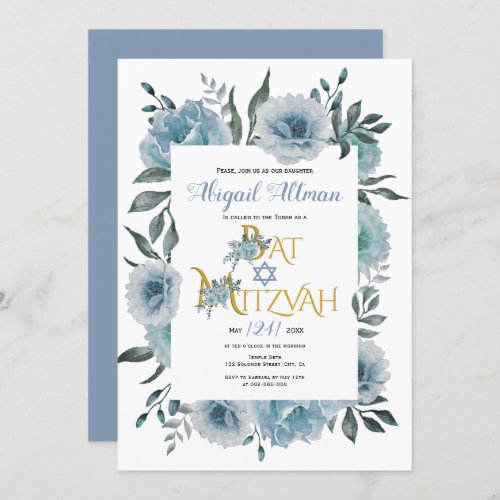 Dusty blue watercolor flowers floral Bat Mitzvah  Invitation