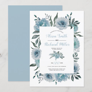 Dusty blue watercolor flowers floral wedding invitation