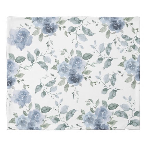 Dusty Blue Watercolor Flowers Gentle Pattern King Duvet Cover