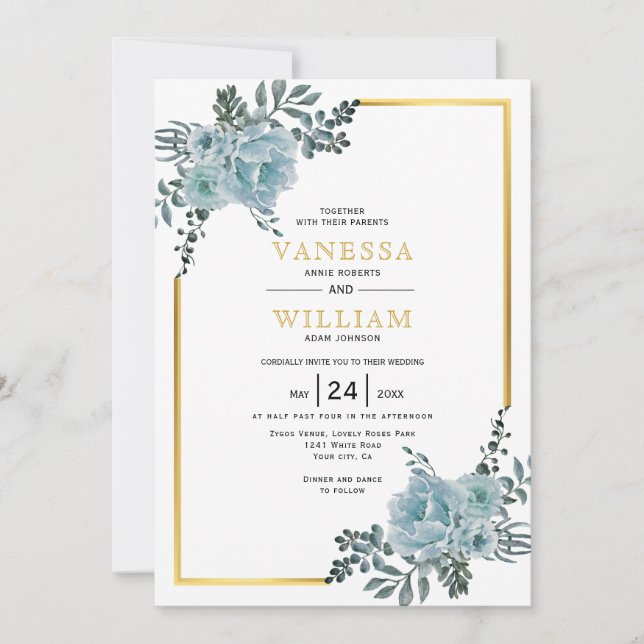 Dusty blue watercolor flowers, gold floral wedding invitation (Front)