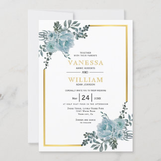 Dusty blue watercolor flowers, gold floral wedding invitation
