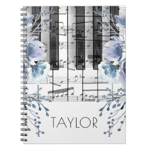 dusty blue watercolor flowers music piano notebook